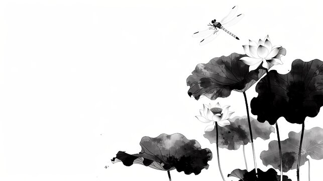 Monochromatic ink wash painting broad lotus leaves varying black gray shades depth texture dragonfly upper right light gray fine black lines white background vertical composition