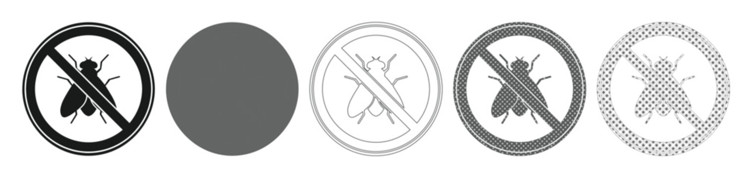 No Fly Zone Vector Icon Set, Prohibited Insect Symbol, Pest Control Signage. Black and White Graphic Elements for Warning and Prevention.
