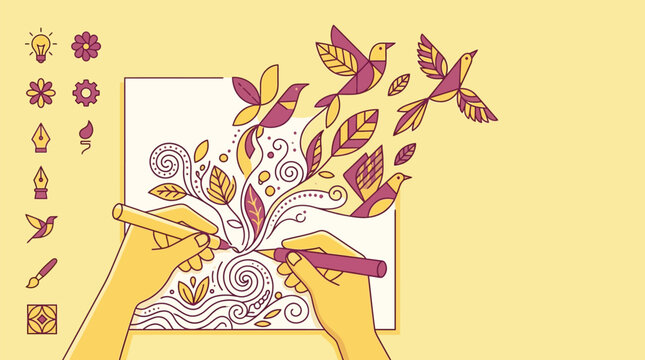 Flat vector illustration of hands drawing swirling floral patterns and birds flying from a paper, featuring a sidebar of design icons like lightbulbs, gears, and pen tools on yellow.