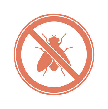 No fly zone, a prohibited insect sign. Stop fly, pest control, and bug repellent vector icon. Warning symbol for hygiene, sanitation, and food safety.