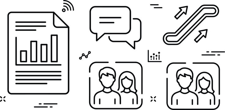 Business report and career advancement icon set with data bar chart chat bubble escalator elevator up arrow and avatars