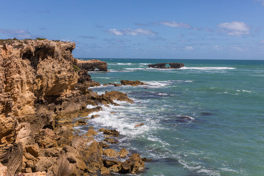 The rugged coastline and eroded cliffs along the Great Australian Bight at Beachport, South Australia.