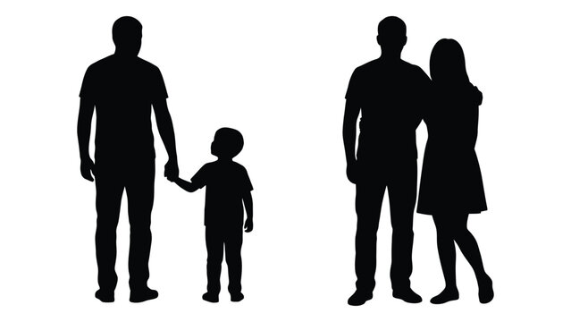 family of three silhouette with father mother and son standing together on a white background silhouette