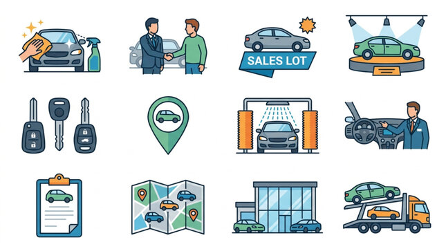 Car Dealership and Automotive Service Icons Set.
