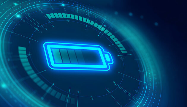 Angled glowing battery icon inside futuristic digital interface representing energy charging
