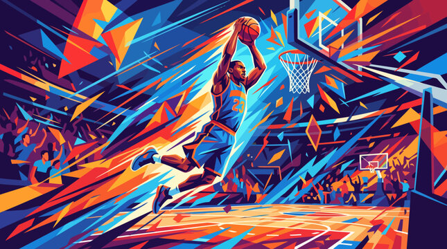 Basketball player in mid-air dunking the ball with vibrant abstract background.