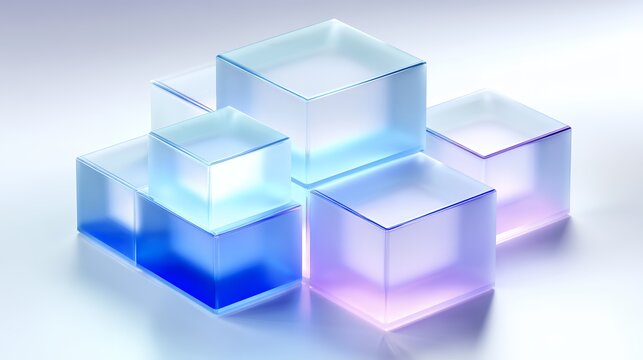 Futuristic isometric 3D translucent glass cubes glowing with vibrant blue and neon purple neon light abstract tech backdrop design