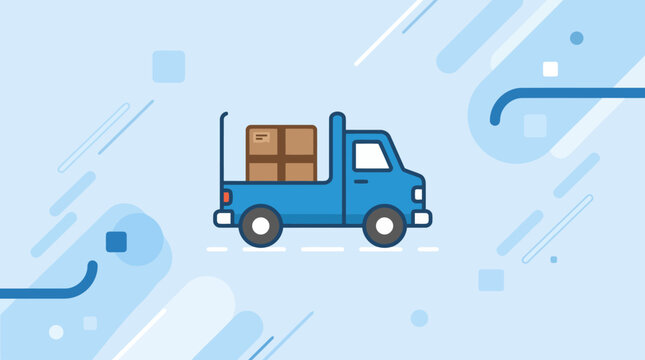 Blue delivery truck carrying a cardboard box cargo.