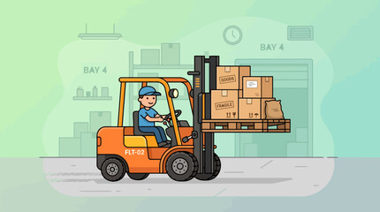 Fototapeta premium Cartoon forklift driver operating a forklift truck carrying boxes.