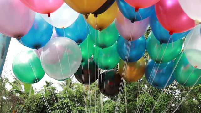 Close up video of colorful helium balloons floating in the air with strings against outdoor green trees background at celebration event