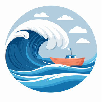 Boat Navigating Through a Giant Crashing Wave