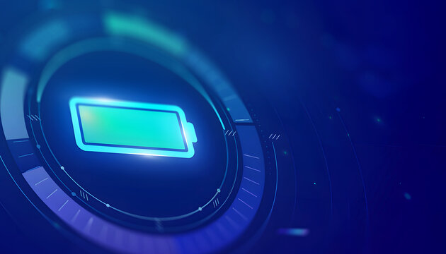 Glowing green battery level icon in a futuristic digital HUD interface displaying power status