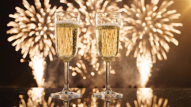 Two champagne glasses with fireworks highlighting geometric patterns and contemporary art