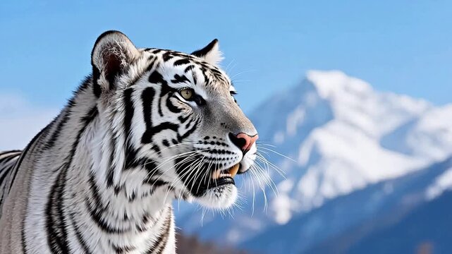 White tiger roaring in snow-covered mountains