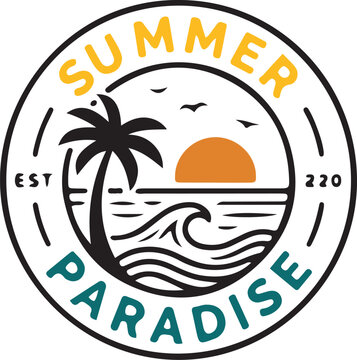 Summer paradise logo with palm tree and sunset