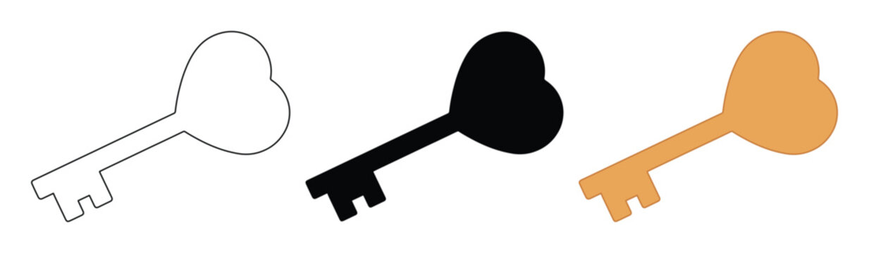Heart-shaped key vector set, three romantic love keys, symbolic graphic resource for relationships and security, editable illustration for design projects