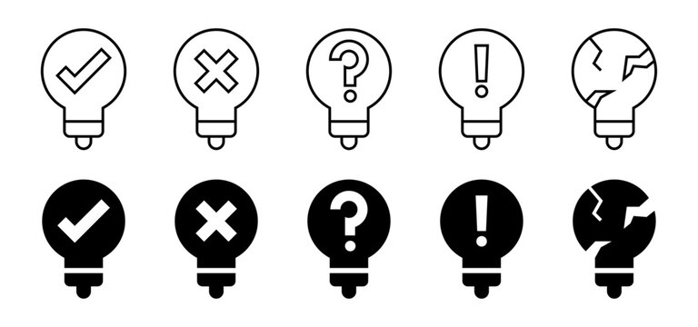 Conjunto de iconos de ideas y validaci&oacute;n. Representa creatividad, soluciones, aprobaci&oacute;n y evaluaci&oacute;n de conceptos. Bombillas. Ilustraci&oacute;n vectorial