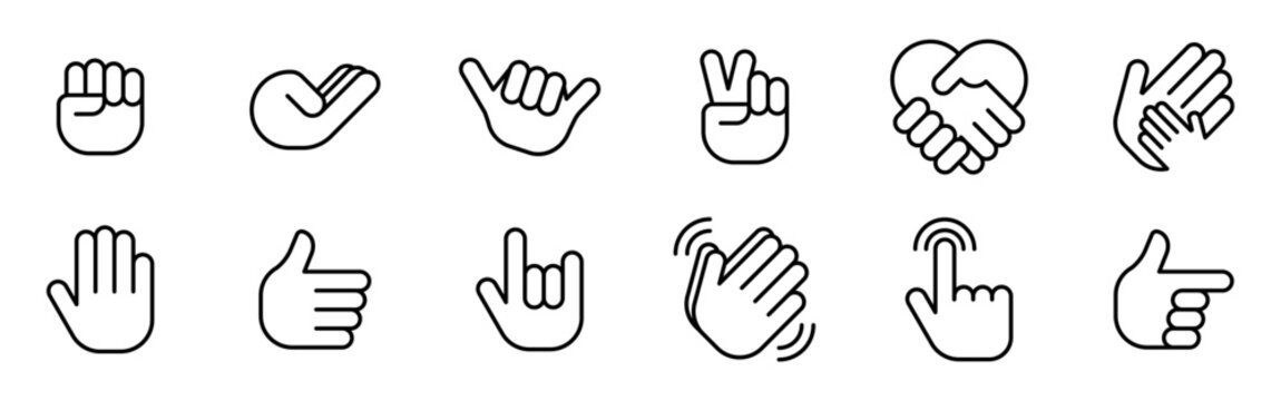 Conjunto de iconos de gestos y se&ntilde;ales manuales. Representa interacci&oacute;n, aprobaci&oacute;n y comunicaci&oacute;n visual. Incluye saludo, validaci&oacute;n, direcci&oacute;n, acuerdo y acci&oacute;n t&aacute;ctil. Ilustraci&oacute;n vectorial