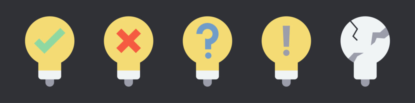 Conjunto de iconos de ideas y validaci&oacute;n. Representa creatividad, an&aacute;lisis y toma de decisiones. Incluye aprobaci&oacute;n, error, pregunta, alerta y fallo de idea. Ilustraci&oacute;n vectorial