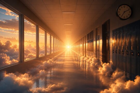 A surreal school hallway bathed in the golden light of a sunset, with clouds drifting through the windows and along the floor.