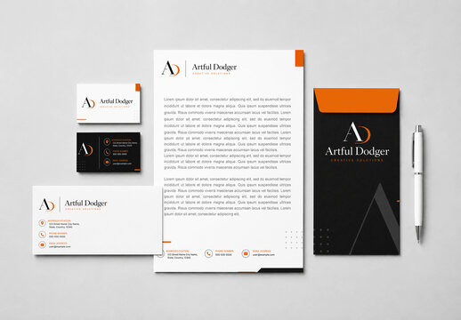 Complete Corporate Stationery Branding Mockup Set with Letterhead Envelope Business Cards and Pen