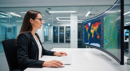 Fototapeta premium Professional Female Data Analyst Monitoring Global Climate Change Data on Large Curved Screen in Modern Server Room