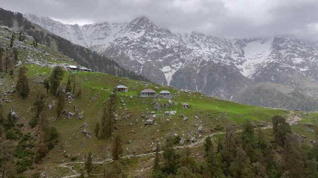 Aerial panorama of McLeod Ganj in Kangra valley India
