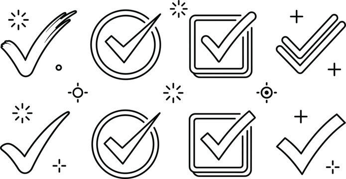 Check mark icon set with linear ticks in circles and squares for approval confirmation vote checklist and business success