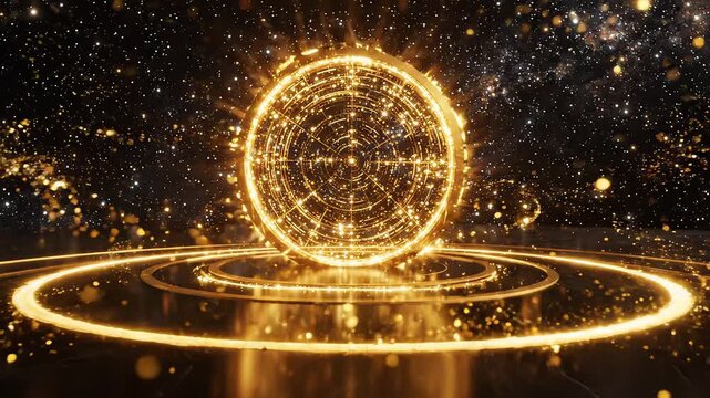 Golden portal in cosmic space ideal for sleek commercial backgrounds and title sequences