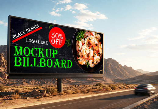 Desert Highway Food Billboard Mockup Featuring Seafood Restaurant Advertisement