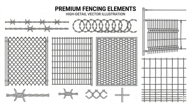 Metal wire mesh fence vector illustration with silver steel barbed security fencing