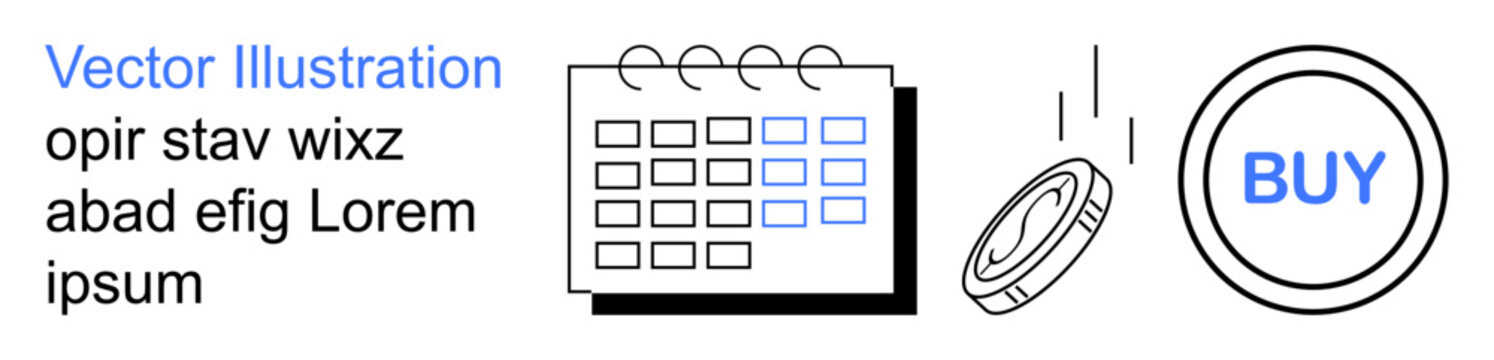 Financial planning, e-commerce, payment methods, scheduling, online purchases, budgeting. Calendar, coin in motion and buy button in minimalist design. Financial planning and e-commerce focus