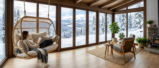 Fototapeta premium Woman reading in hanging chair with snowy mountain cabin view
