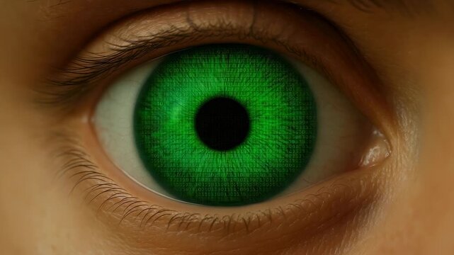 Close-up of human eye with vivid green iris patterned by binary code