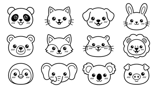 Cute cartoon animal faces collection in doodle style.