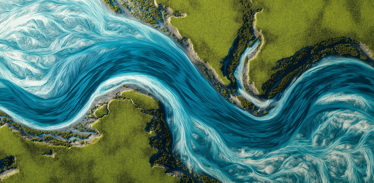 Aerial View of a Winding River Delta: A mesmerizing aerial perspective showcases a vibrant blue river delta, its tributaries weaving like intricate threads through lush green land.