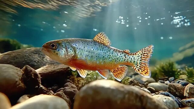 A vibrant freshwater trout glides through crystal clear river water with sunlight filtering through the surface. Perfect for nature branding.
