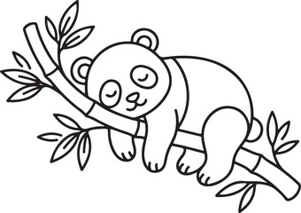 Obraz premium Cute panda sleeping on bamboo branch line art illustration vector character for coloring book design.