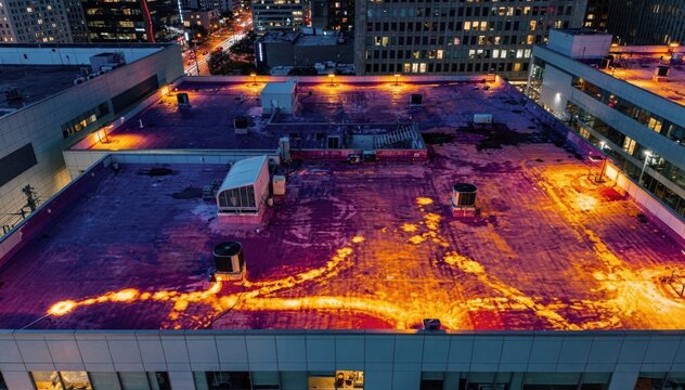 Medium shot drone footage showing thermal imaging of a flat roof highlighting temperature differences to detect moisture and potential leaks on urban buildings.