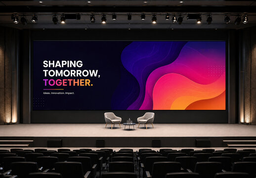 Large Backdrop Screen Mockup on Stage in Modern Conference Hall