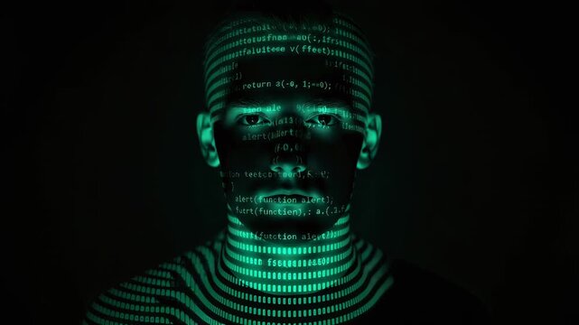 Dark portrait of person with turquoise code projected on their face, creating hacker-inspired glow