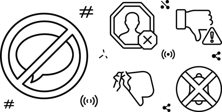 Content moderation and censorship icon set with block user speech bubble ban thumbs down and mute notification signs
