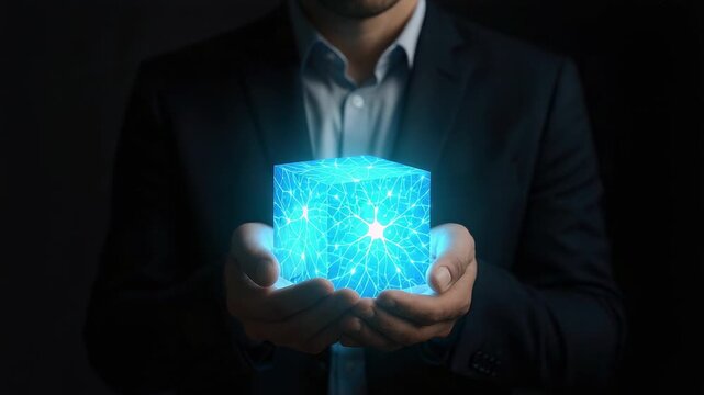 Adult male in dark suit holds glowing blue cube with neural network pattern