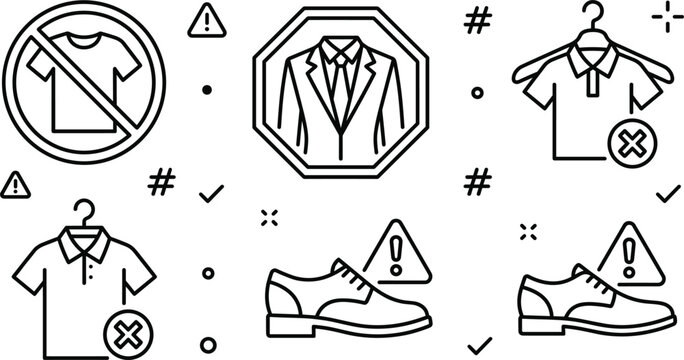 Corporate dress code restrictions icon set with forbidden casual clothes polo shirt formal suit and warning shoe signs