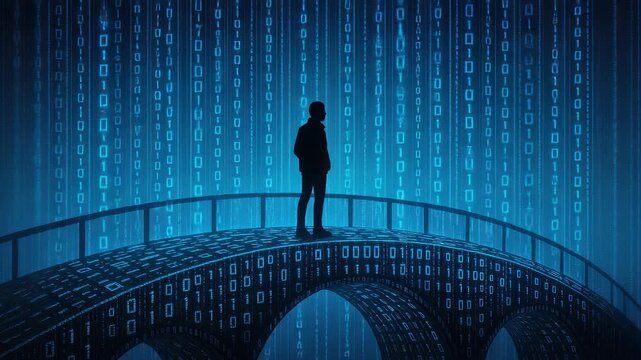 Silhouette of adult figure on curved, illuminated bridge surrounded by cascading blue binary code