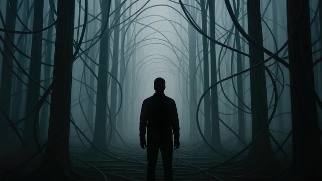 Male silhouette stands alone in dark, eerie forest of twisting, leafless trees with fog