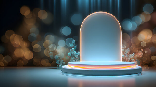 Futuristic stage design features a glowing platform and arch with an ethereal ambiance, complemented by bokeh effects in shades of blue and gold, creating a visually appealing backdrop perfect for...