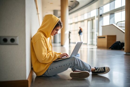 Young person sits floor, focused on laptop