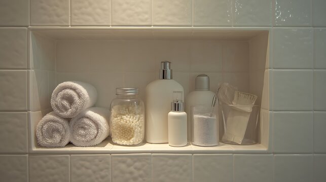 Organized bathroom shower niche with toiletries and rolled towels.