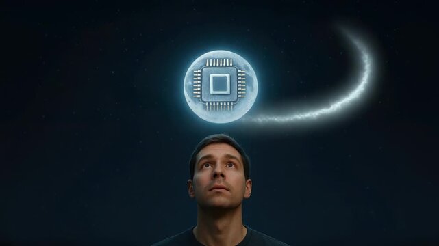 Caucasian adult man gazes upward at glowing, hovering microchip above his head against dark night sky